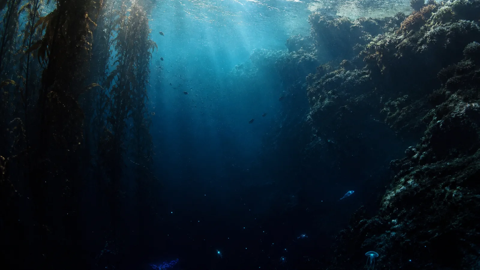 Cross-section of the ocean showing a sunlit coral reef and kelp forest in the shallows, dim blue midwater below, and the dark deep sea floor beneath.