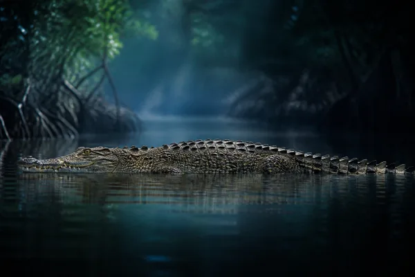 American crocodile resting on a mangrove bank, showing a narrow tapered snout, olive-gray scales, and a raised bony ridge just in front of the eyes.