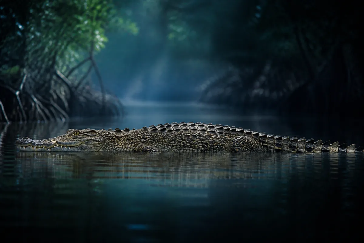 American crocodile resting on a mangrove bank, showing a narrow tapered snout, olive-gray scales, and a raised bony ridge just in front of the eyes.