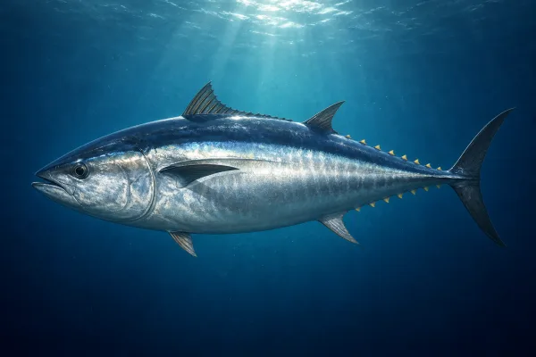 Atlantic bluefin tuna in open blue water, a heavy steel-blue torpedo with silvery flanks, short yellow finlets and a stiff crescent-shaped tail.