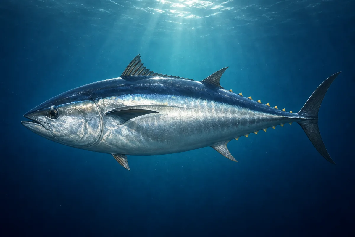 Atlantic bluefin tuna in open blue water, a heavy steel-blue torpedo with silvery flanks, short yellow finlets and a stiff crescent-shaped tail.