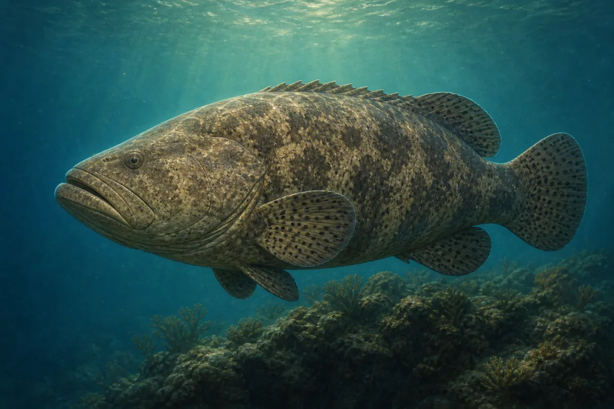 Atlantic goliath grouper resting beside a reef ledge, a broad mottled brown fish with a very large mouth, small high-set eyes and rounded fins.
