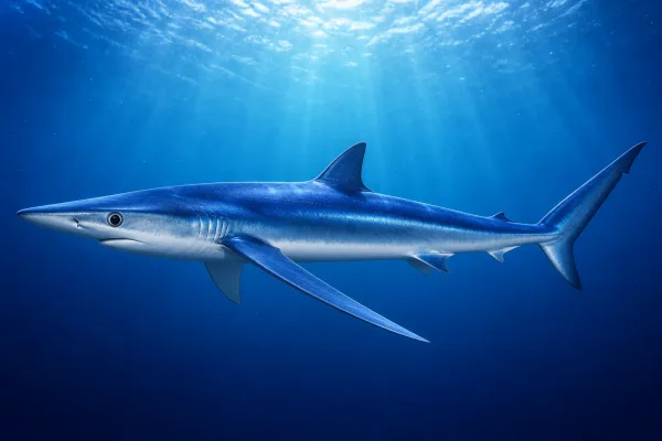 Blue shark in open ocean, showing its slim indigo-blue back, white belly, long pointed snout and unusually long, narrow pectoral fins.