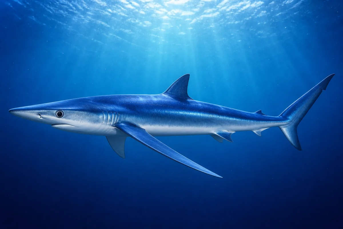 Blue shark in open ocean, showing its slim indigo-blue back, white belly, long pointed snout and unusually long, narrow pectoral fins.