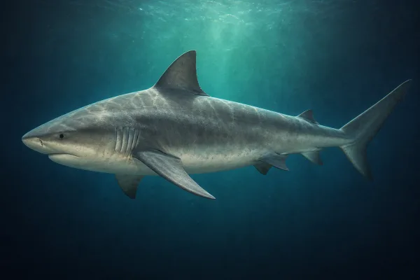Bull shark in shallow green water, showing its stocky gray body, short blunt snout, small eyes and tall triangular first dorsal fin.