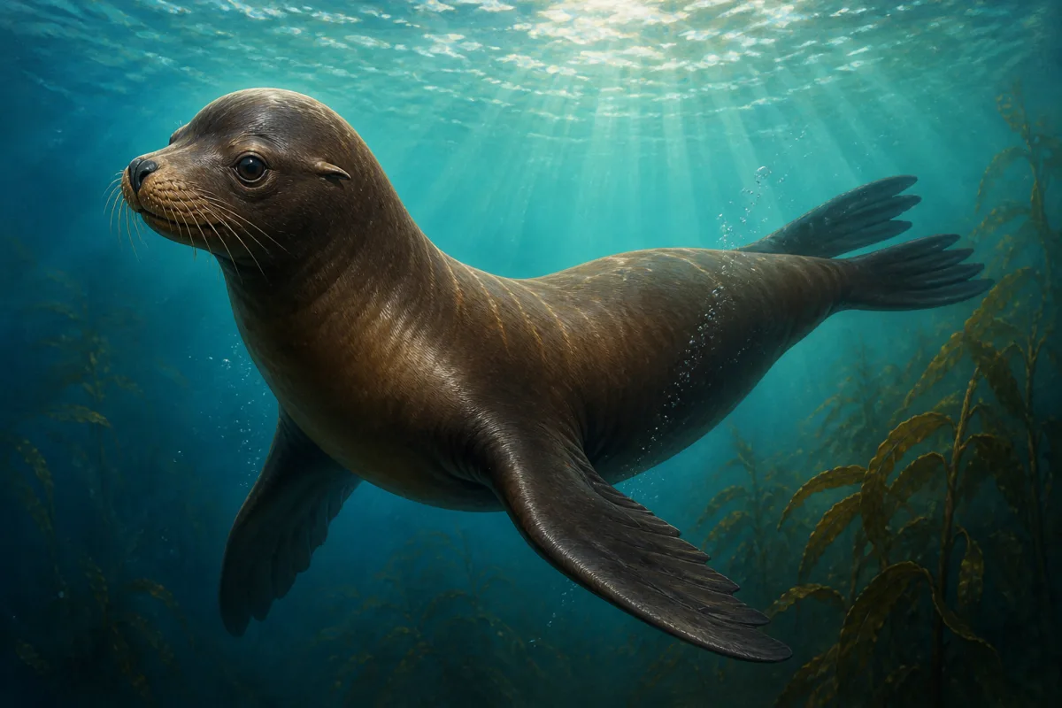A California sea lion gliding through sunlit blue-green water above a kelp bed, its long foreflippers spread and its whiskers and large dark eyes clearly visible.