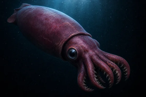 Colossal squid in dark water, showing a stout pale mantle, short thick arms, an enormous dark eye, and hooked clubs at the ends of two tentacles.
