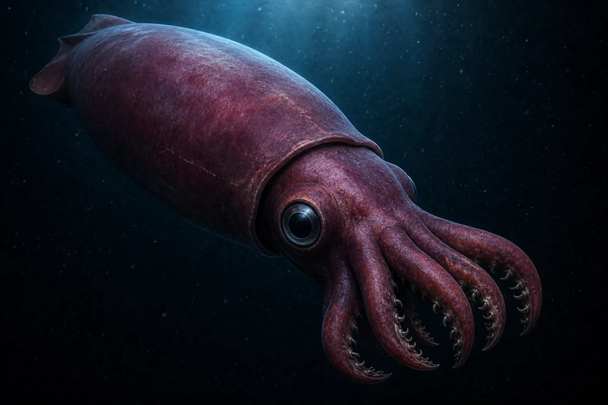 Colossal squid in dark water, showing a stout pale mantle, short thick arms, an enormous dark eye, and hooked clubs at the ends of two tentacles.