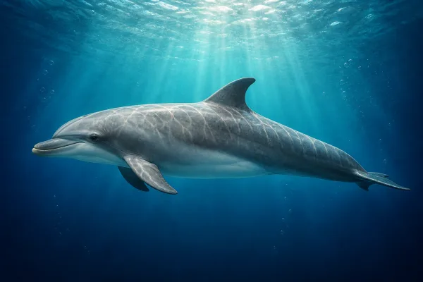 Common bottlenose dolphin leaping clear of the water, gray above and pale below, with a short thick beak, creased jawline and tall curved dorsal fin.