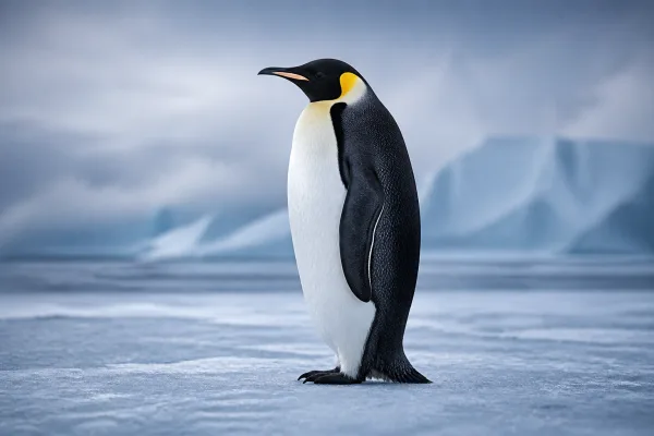 An emperor penguin standing upright on sea ice, showing its black head and back, white belly, and the yellow-orange patches on its neck and lower bill.