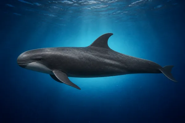 False killer whale swimming near the surface, slender and uniformly dark gray with a rounded beakless head, tall curved dorsal fin and bent narrow flippers.