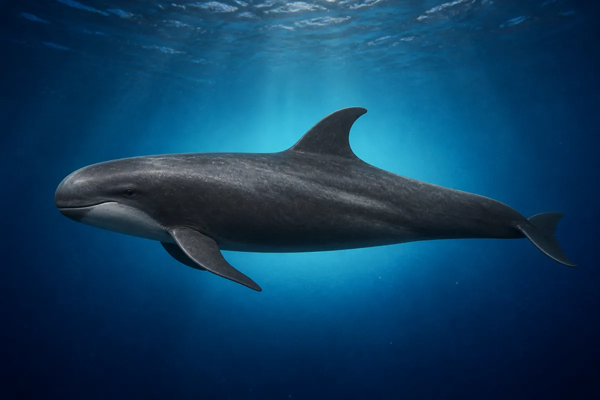 False killer whale swimming near the surface, slender and uniformly dark gray with a rounded beakless head, tall curved dorsal fin and bent narrow flippers.