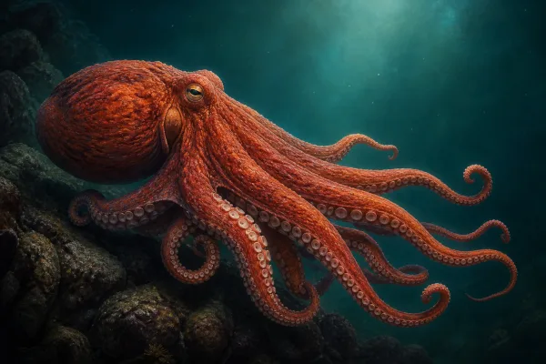Giant Pacific octopus on a rocky reef with mottled red-brown skin, raised papillae, and long arms lined with two rows of pale suckers.