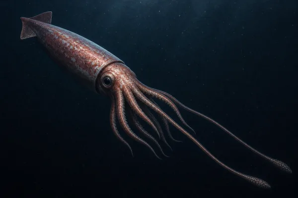 Giant squid in dark water showing a tapered reddish mantle, triangular fins, eight arms and two much longer feeding tentacles ending in clubbed tips.