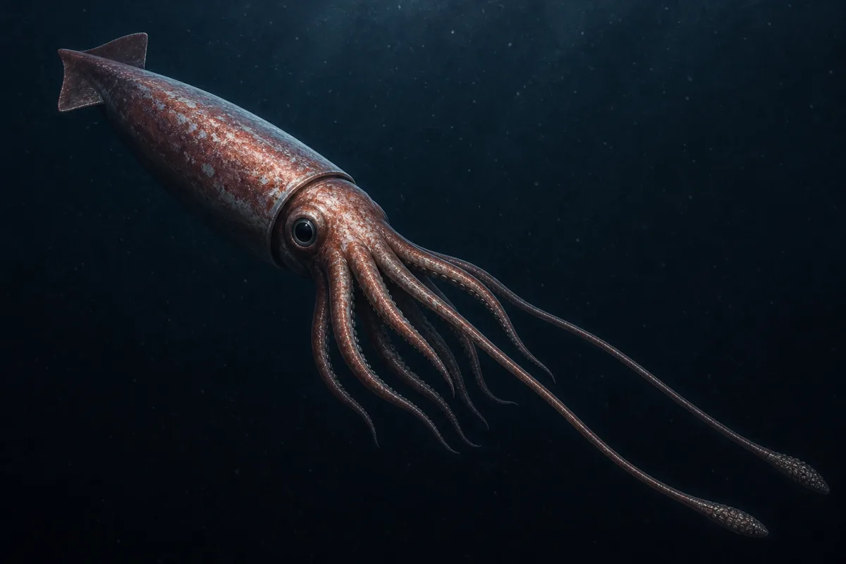 Giant squid in dark water showing a tapered reddish mantle, triangular fins, eight arms and two much longer feeding tentacles ending in clubbed tips.