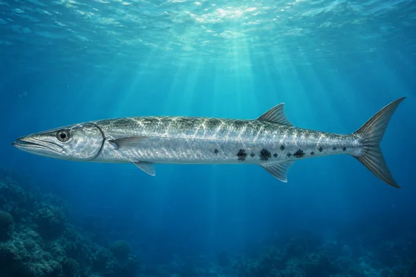 Great barracuda hovering in clear blue water, a long silver fish with a pointed head, jutting lower jaw, dark flank blotches and a deeply forked tail.