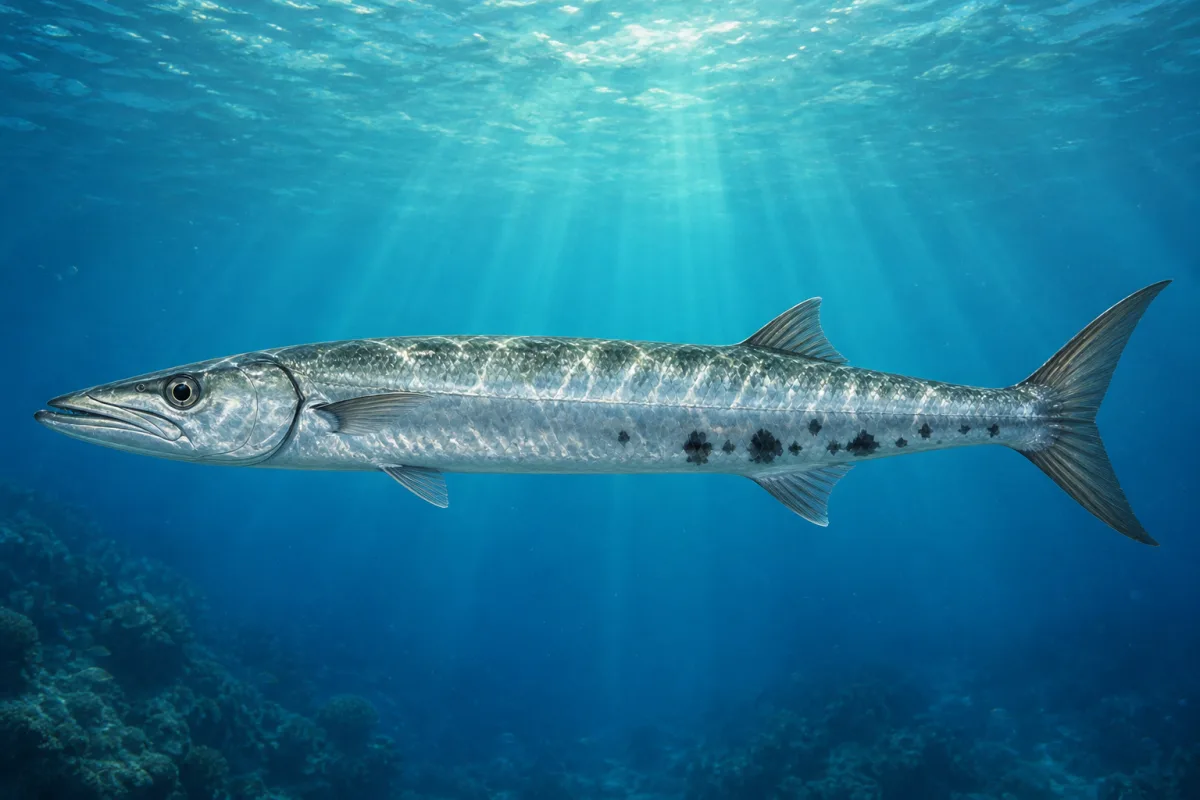 Great barracuda hovering in clear blue water, a long silver fish with a pointed head, jutting lower jaw, dark flank blotches and a deeply forked tail.