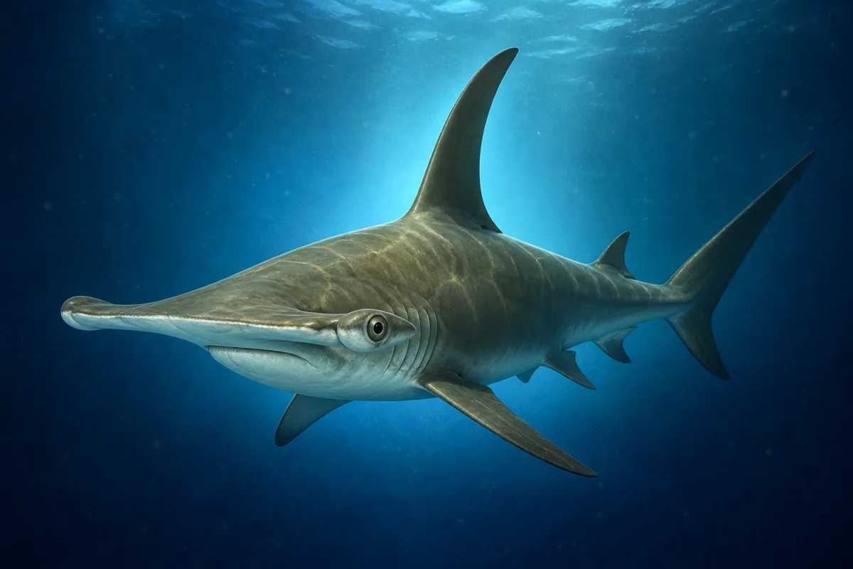 Great hammerhead shark seen from above, showing the wide flat cephalofoil with eyes at the tips and a very tall, curved first dorsal fin.