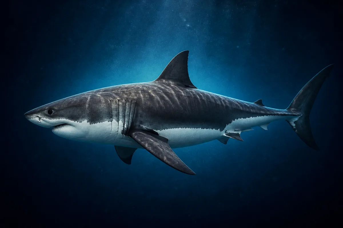 Great white shark seen from the side in open blue water, showing its conical snout, dark gray back and white underside.