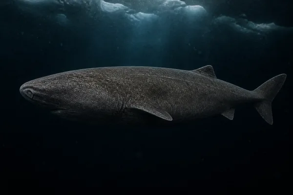 Greenland shark near the seafloor in dark cold water, showing its bulky brownish-gray body, small rounded snout and tiny low dorsal fins.