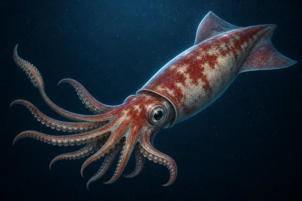 Humboldt squid in open water with a muscular reddish mantle, triangular fins, ten arms and tentacles spread wide, and pale bands flickering across the skin.