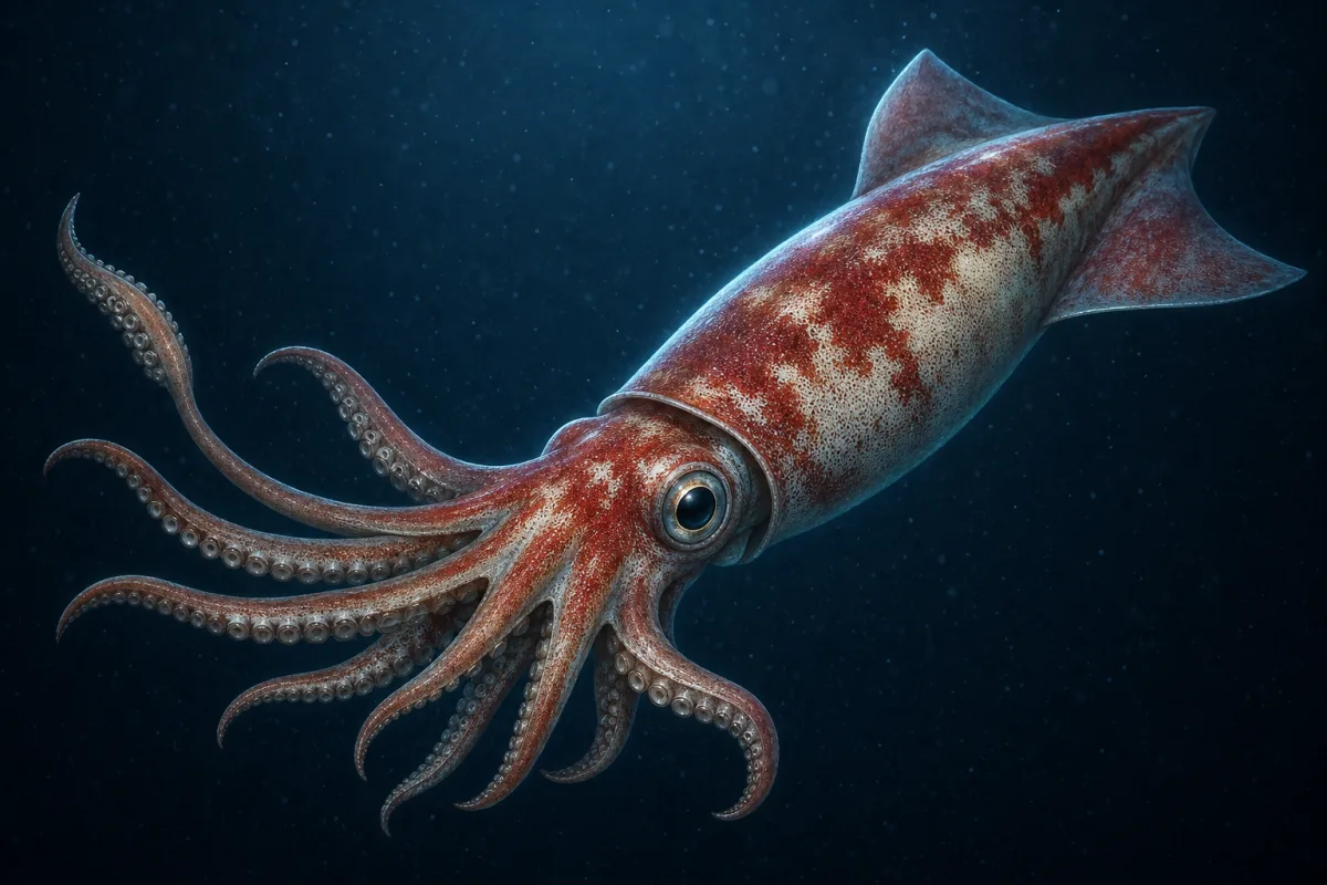 Humboldt squid in open water with a muscular reddish mantle, triangular fins, ten arms and tentacles spread wide, and pale bands flickering across the skin.