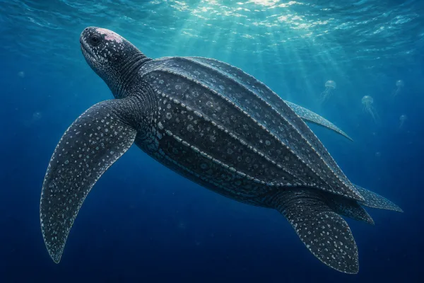A leatherback sea turtle swimming in open blue water, its dark blue-black skin flecked with pale spots and its ridged, teardrop-shaped carapace tapering to a point.