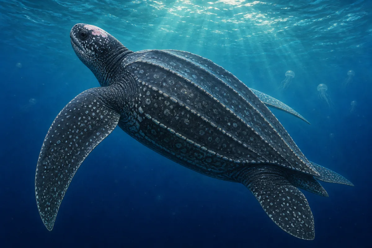 A leatherback sea turtle swimming in open blue water, its dark blue-black skin flecked with pale spots and its ridged, teardrop-shaped carapace tapering to a point.