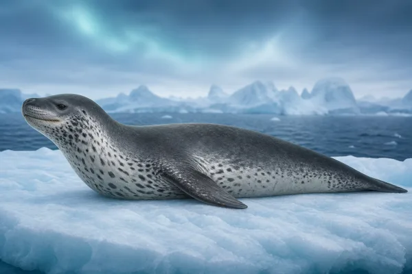 A leopard seal turning through cold blue Antarctic water beneath a pale ice floe, its long spotted body and wide head angled toward the camera with the mouth slightly open.