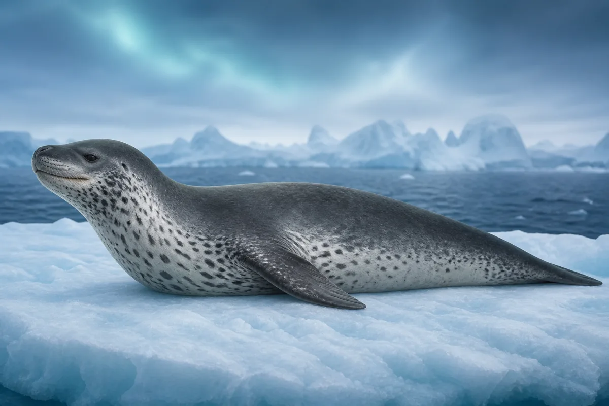 A leopard seal turning through cold blue Antarctic water beneath a pale ice floe, its long spotted body and wide head angled toward the camera with the mouth slightly open.