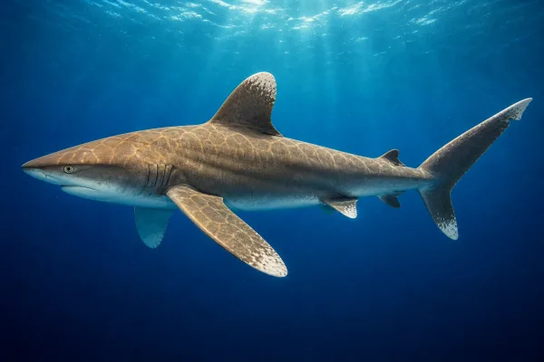 Oceanic whitetip shark in blue water, showing its long paddle-shaped pectoral fins and rounded first dorsal fin with mottled white tips.