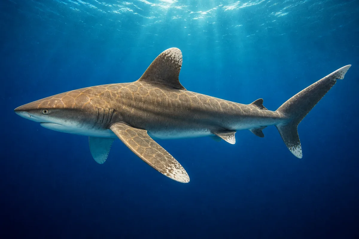 Oceanic whitetip shark in blue water, showing its long paddle-shaped pectoral fins and rounded first dorsal fin with mottled white tips.