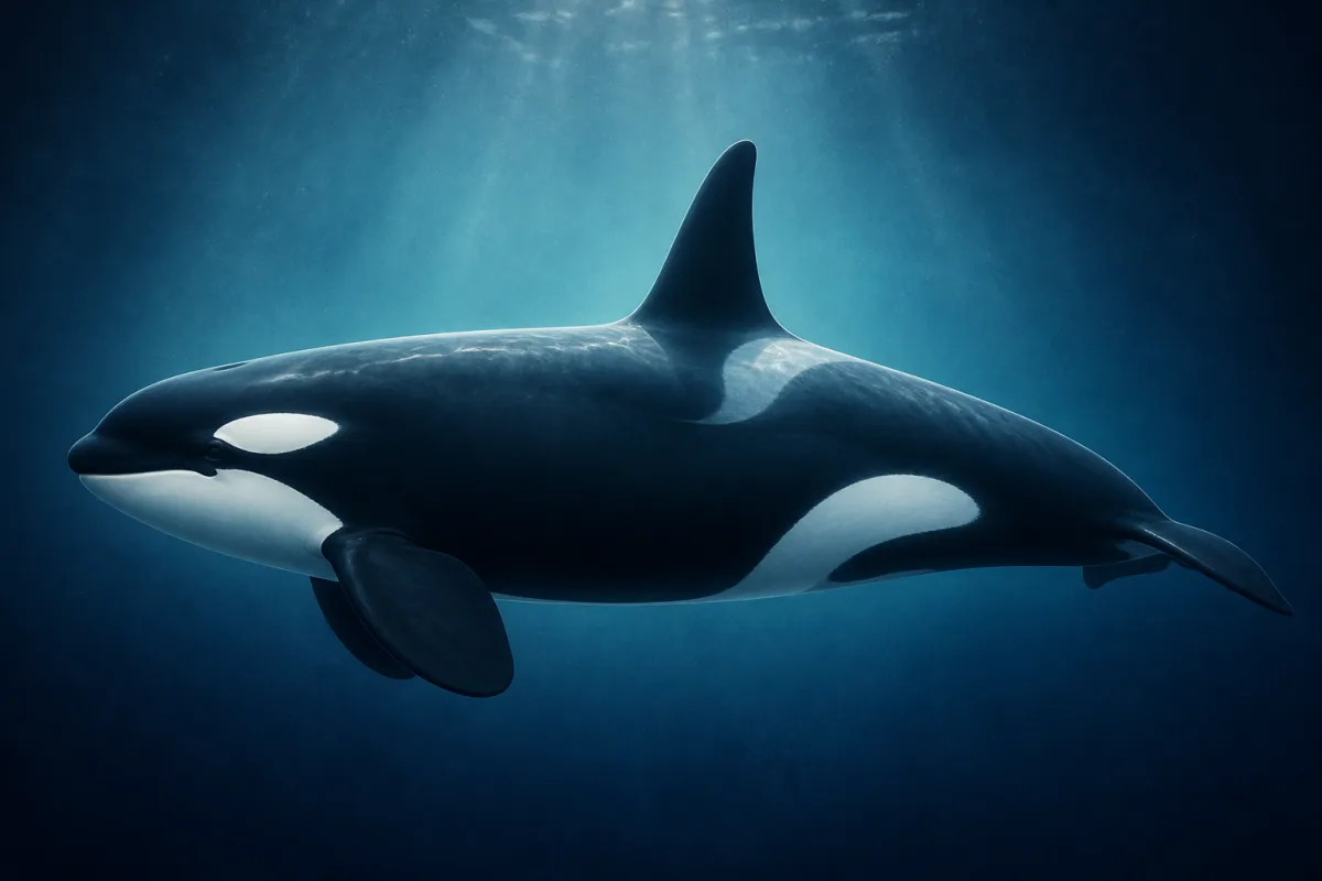 Adult orca surfacing in cold coastal water, showing its glossy black back, tall triangular dorsal fin, white oval eye patch and gray saddle.