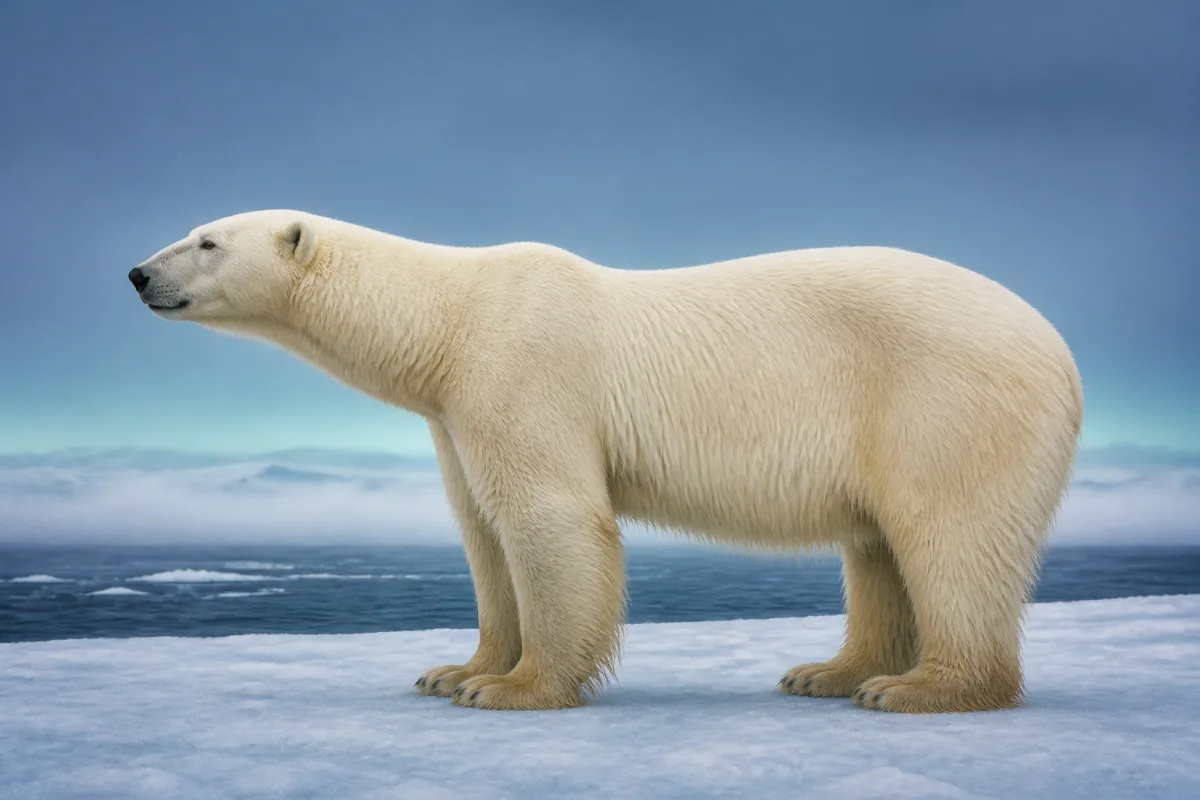 A polar bear with thick cream-white fur, a long neck and small rounded ears standing on pack ice, its black nose and dark eyes clearly visible.