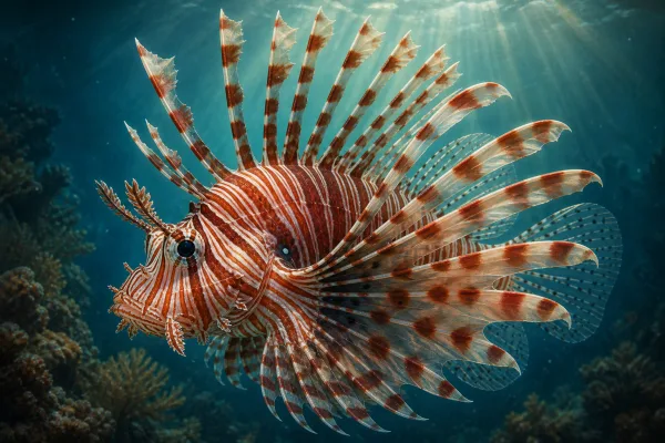 Red lionfish above coral, showing red-brown and white banded body, long venomous dorsal spines and wide fan-shaped striped pectoral fins.