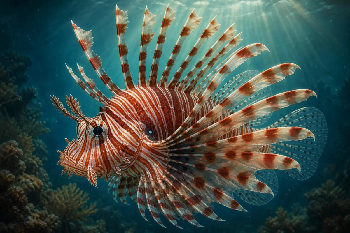 Red lionfish above coral, showing red-brown and white banded body, long venomous dorsal spines and wide fan-shaped striped pectoral fins.