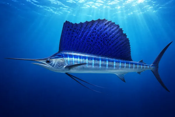 Sailfish in sunlit blue water with its tall blue-black dorsal sail raised, showing a long slender bill, silver flanks and faint vertical bars.