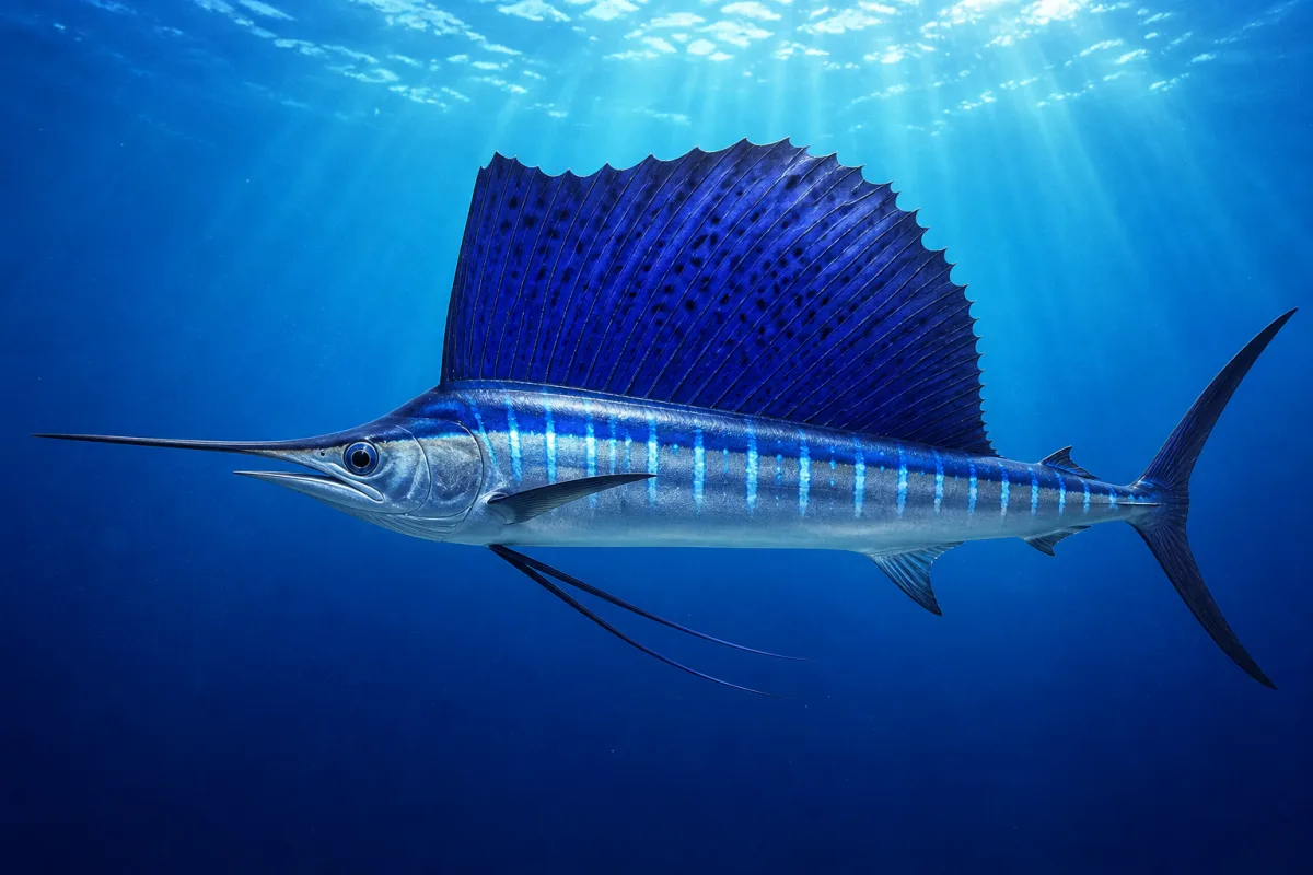 Sailfish in sunlit blue water with its tall blue-black dorsal sail raised, showing a long slender bill, silver flanks and faint vertical bars.