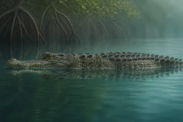 Saltwater crocodile floating at the surface of a muddy estuary, showing a broad heavy snout, raised eyes and nostrils, and rows of dark scutes along its back.