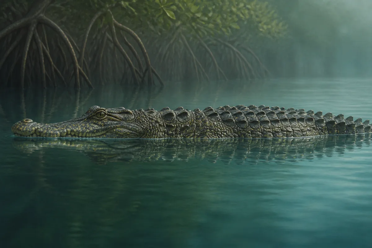Saltwater crocodile floating at the surface of a muddy estuary, showing a broad heavy snout, raised eyes and nostrils, and rows of dark scutes along its back.
