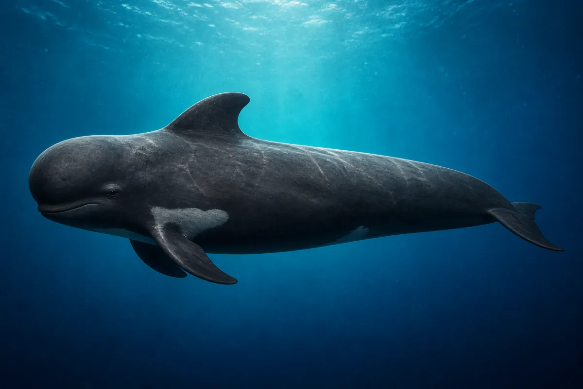 Short-finned pilot whale at the surface, dark charcoal body with a bulbous rounded forehead, thick tail stock and a low broad-based dorsal fin set well forward.