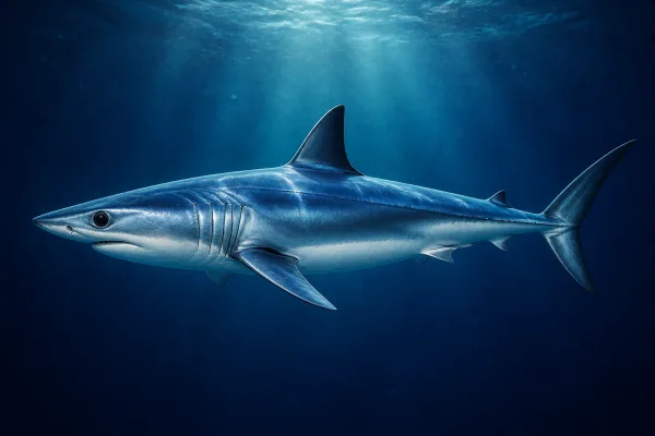 Shortfin mako shark in open water, showing its pointed snout, deep metallic blue back, white belly and stiff crescent-shaped tail.