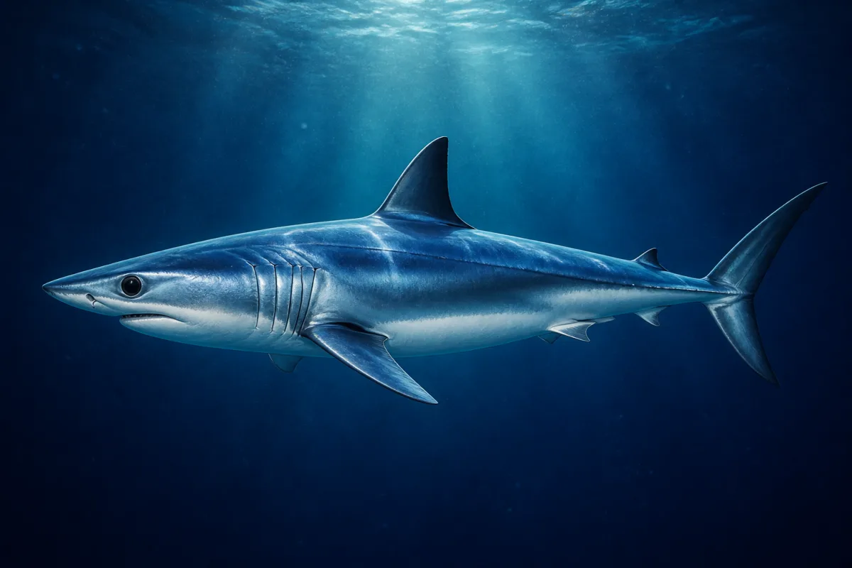 Shortfin mako shark in open water, showing its pointed snout, deep metallic blue back, white belly and stiff crescent-shaped tail.