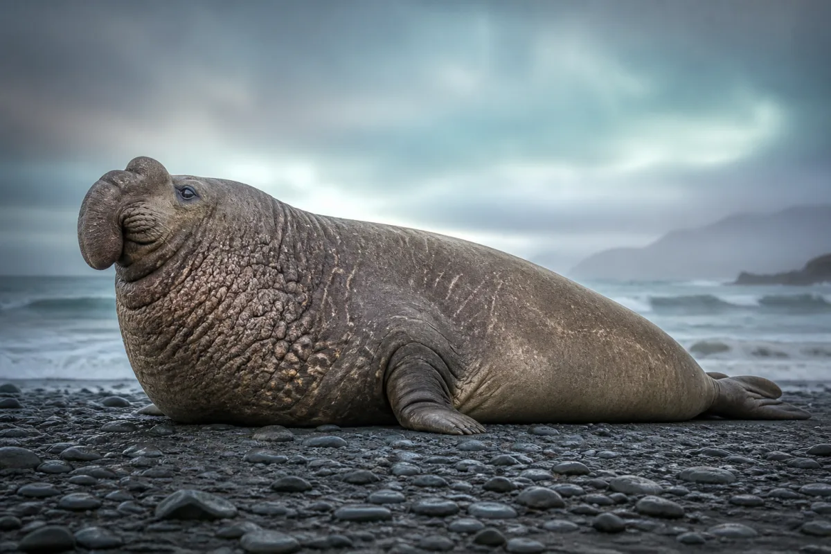 An enormous southern elephant seal bull on a grey sub-Antarctic beach, head raised and inflated proboscis hanging over its open mouth, with scarred folds of skin across its chest.