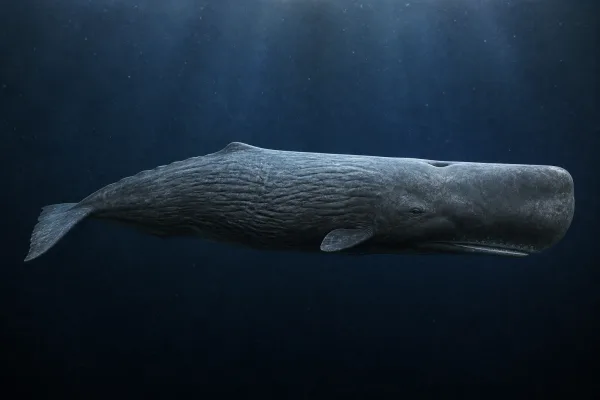 Sperm whale at the surface showing its enormous square gray head, wrinkled skin, single blowhole set forward on the left, and low dorsal hump.