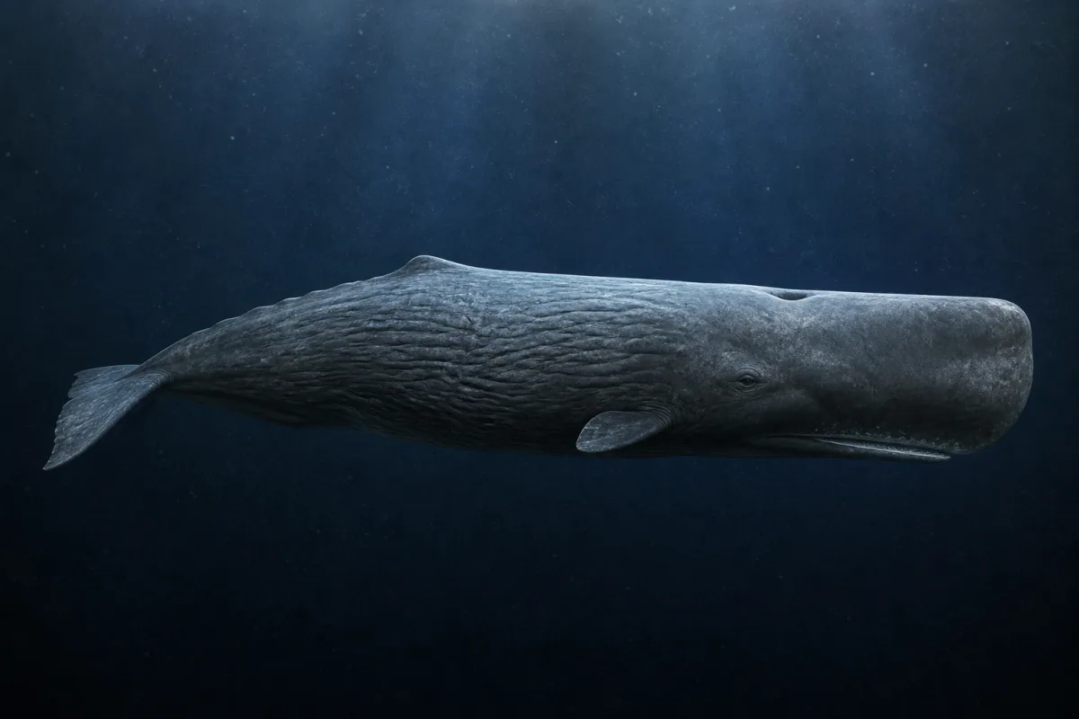 Sperm whale at the surface showing its enormous square gray head, wrinkled skin, single blowhole set forward on the left, and low dorsal hump.