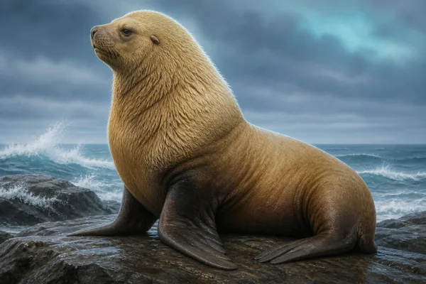 A large male Steller sea lion on a wave-washed rocky haulout in the North Pacific, its thick pale mane and broad muzzle raised as it roars, with surf breaking behind it.