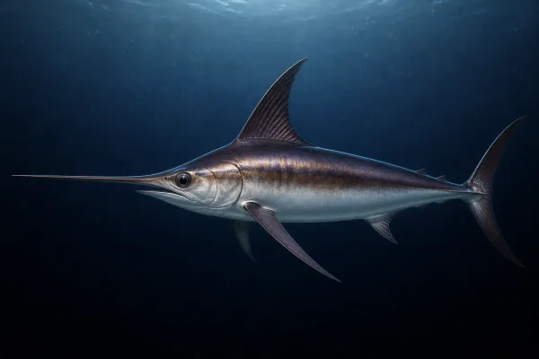 Swordfish in dark open water, showing its long flattened bill, large round eye, tall stiff dorsal fin and dark bronze-brown back fading to a pale belly.
