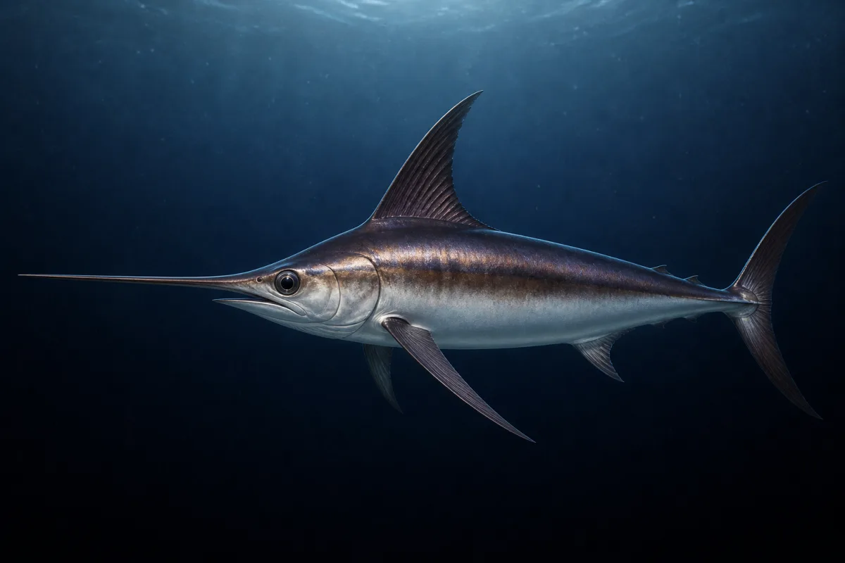 Swordfish in dark open water, showing its long flattened bill, large round eye, tall stiff dorsal fin and dark bronze-brown back fading to a pale belly.