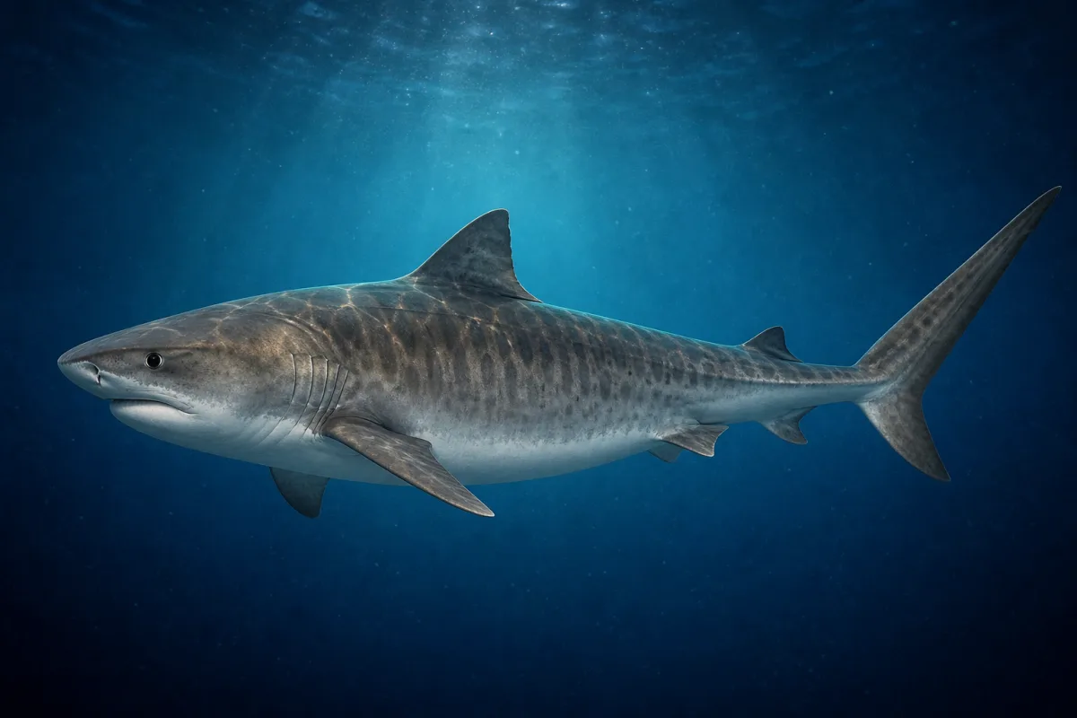 Tiger shark swimming in clear blue water, showing its blunt broad snout, gray-brown back and faded dark vertical bars along the flanks.